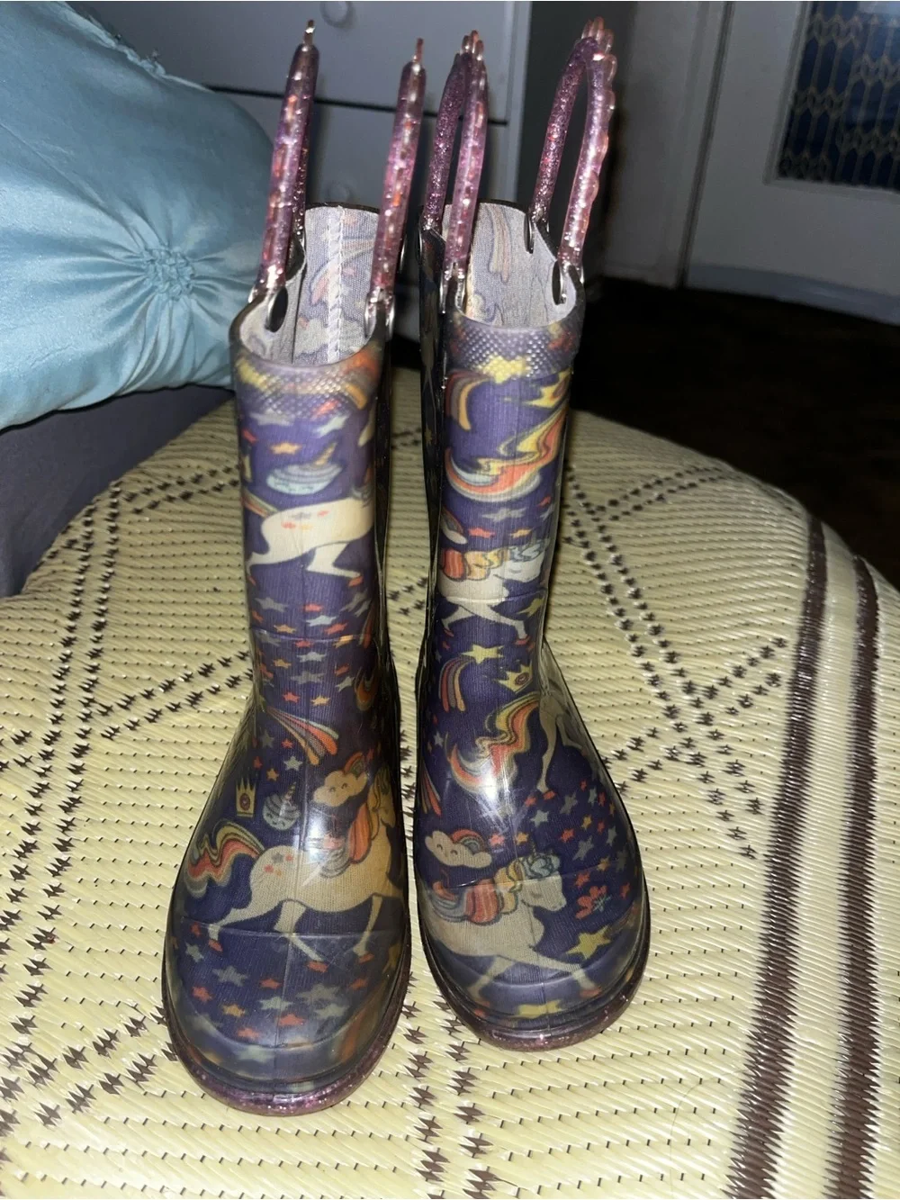 Kids Purple Unicorn Rain Boots with Glitter Handles